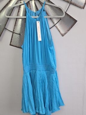 Mustard Seed Teal  Sleeveless Pleated Halter Dress